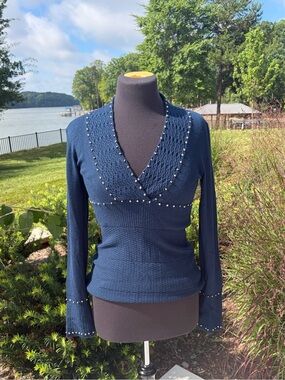 Y2K Cache Navy Studded Knit Bell Sleeve Top Medium